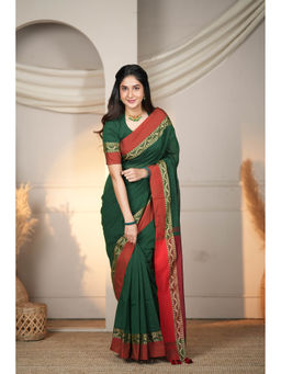Sutisancha - Timeless Weave Green Bengal Cotton Saree with Unstitched Blouse
