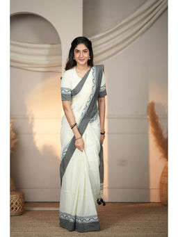 Sutisancha - Timeless Weave Off White Bengal Cotton Saree with Unstitched Blouse