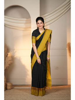 Sutisancha - Ethereal Elegance Classic Black Cotton Saree with Unstitched Blouse