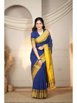 Sutisancha - Ethereal Elegance Classic Indigo Cotton Saree with Unstitched Blouse