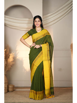 Sutisancha - Elegance Classic Mehendi Green Cotton Saree with Unstitched Blouse