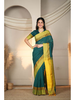 Sutisancha - Ethereal Elegance Classic Rama Green Cotton Saree with Unstitched Blouse
