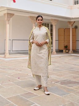 Karaj Jaipur - Off-White Chikankari Jute Chanderi Kurta (Set of 3)