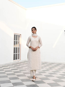 Karaj Jaipur - Beige Chikankari Embroidered Jute Chanderi Kurta (Set of 3)