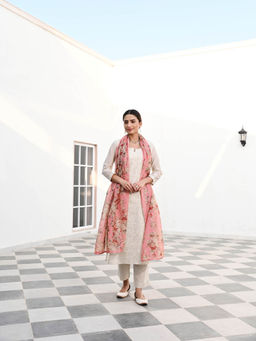 Karaj Jaipur - Beige Chikankari Jute Chanderi Kurta (Set of 3)