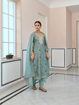Karaj Jaipur - Ice Blue Neck Embroidered Gota Patti Chanderi Kurta (Set of 3)