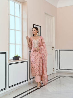 Karaj Jaipur - Rose Pink Gota Patti Neck Embroidery Chanderi Kurta (Set of 3)