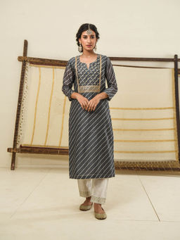 Karaj Jaipur - Grey Leheriya Chanderi Kurta with Pant (Set of 2)