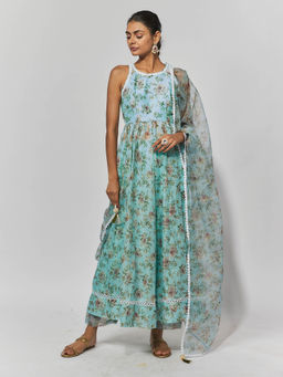 Yuvrani Jaipur - Turquoise Print Embroidered Anarkali Kurta with Pant and Dupatta (Set of 3)