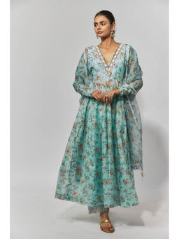 Yuvrani Jaipur - Turquoise Print Embroidered Anarkali Kurta with Pant and Dupatta (Set of 3)