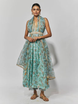 Yuvrani Jaipur - Turquoise Print Slip Belted Anarkali Kurta with Pant and Dupatta (Set of 5)