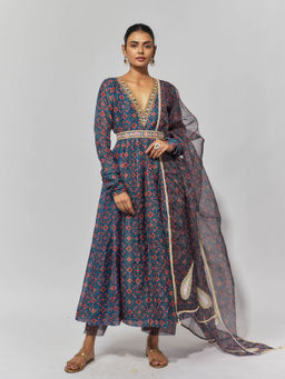 Yuvrani Jaipur - Blue Patola Print Slip Belted Anarkali Kurta with Pant and Dupatta (Set of 5)