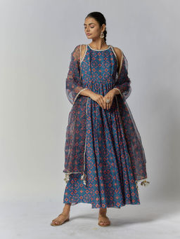 Yuvrani Jaipur - Navy Blue Chanderi Anarkali Kurta with Palazzo and Dupatta (Set of 3)
