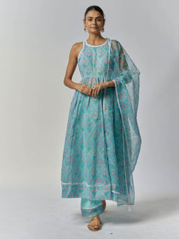 Yuvrani Jaipur - Aqua Blue Chanderi Anarkali Kurta with Palazzo and Dupatta (Set of 3)