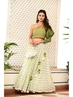 Yuvrani Jaipur - Green Skirt with One Shoulder Top and Potli (Set of 3)