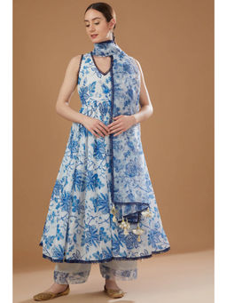 Yuvrani Jaipur - Royal Blue Chanderi Anarkali Kurta with Palazzo and Dupatta (Set of 3)