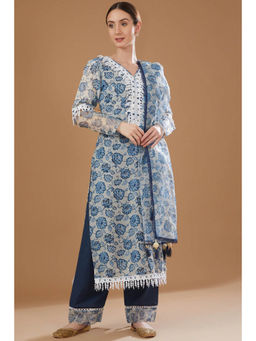 Yuvrani Jaipur - Powder Blue Chanderi Kurta with Pant and Dupatta (Set of 3)