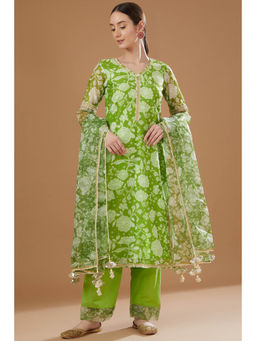 Yuvrani Jaipur - Green Chanderi Kurta with Pant and Dupatta (Set of 3)