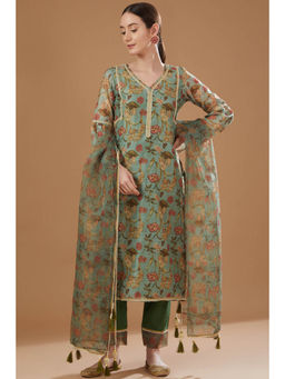 Yuvrani Jaipur - Mint Green Chanderi Kurta with Pant and Dupatta (Set of 3)