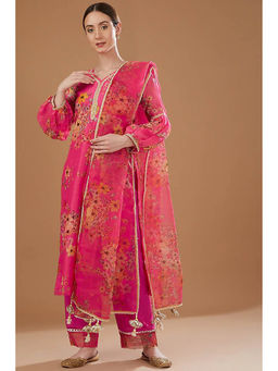 Yuvrani Jaipur - Hot Pink Chanderi Kurta with Pant and Dupatta (Set of 3)