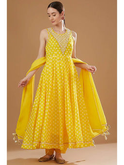 Yuvrani Jaipur - Yellow Chanderi Anarkali Kurta with Pant and Dupatta (Set of 3)