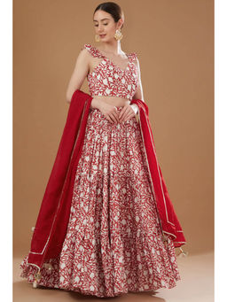 Yuvrani Jaipur - White and Red Block Print Lehenga with Blouse and Dupatta (Set of 3)