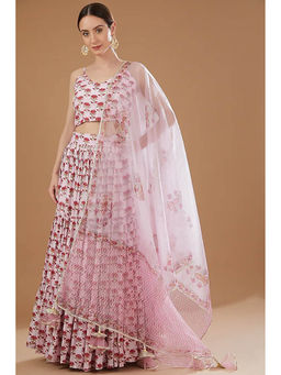 Yuvrani Jaipur - White and Pink Block Print Lehenga with Blouse and Dupatta (Set of 3)
