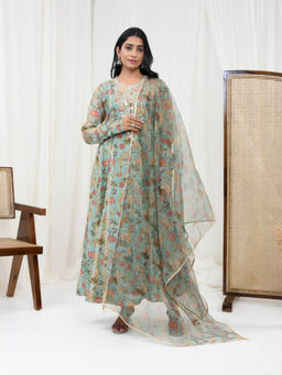 Yuvrani Jaipur - Mint Green Hand Embroidered Kurta with Pant and Dupatta (Set of 3)