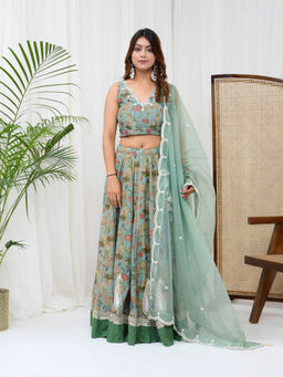 Yuvrani Jaipur - Mint Green Chanderi Lehenga with Blouse and Dupatta (Set of 3)