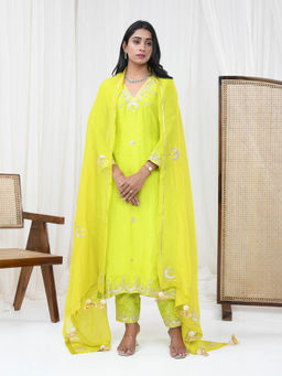 Yuvrani Jaipur - Neon Yellow Pure Spun Silk Embroidered Kurta with Pant and Dupatta (Set of 3)