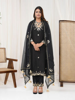 Yuvrani Jaipur - Black Pure Spun Silk Embroidered Kurta with Pant and Dupatta (Set of 3)