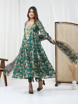 Yuvrani Jaipur - Bottle Green Hand Embroidered Kurta with Pant and Dupatta (Set of 3)