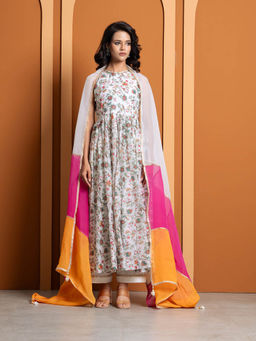 Yuvrani Jaipur - White Chanderi Floral Printed Anarkali Kurta with Palazzo and Dupatta (Set of 3)