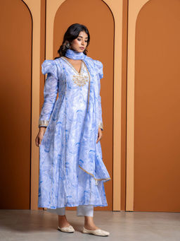 Yuvrani Jaipur - Ivory and Blue Hand Embroidered Slip Kurta with Pant and Dupatta (Set of 4)