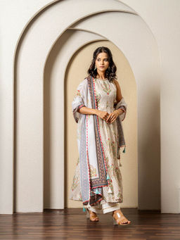Yuvrani Jaipur - Beige Chanderi Floral Printed Anarkali Kurta with Pant and Dupatta (Set of 3)