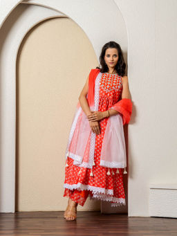 Yuvrani Jaipur - Red Bandhej Print Anarkali Kurta with Pant and Dupatta (Set of 3)