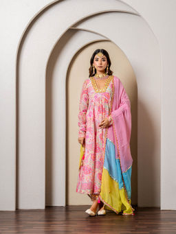 Yuvrani Jaipur - Pink Chanderi Printed Anarkali Kurta with Pant and Dupatta (Set of 3)