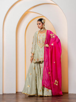 Yuvrani Jaipur - Green Pure Silk Embroidered Sharara with Kurti and Dupatta (Set of 3)