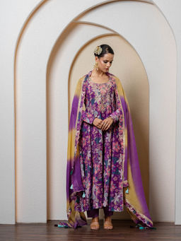 Yuvrani Jaipur - Purple Floral Printed Slip Anarkali Kurta with Pant and Dupatta (Set of 4)