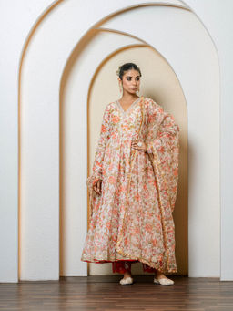 Yuvrani Jaipur - Multi-Color Chanderi Printed Anarkali Kurta with Pant and Dupatta (Set of 3)