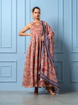 Yuvrani Jaipur - Chocolate Brown Floral Printed Anarkali Kurta with Pant and Dupatta (Set of 3)