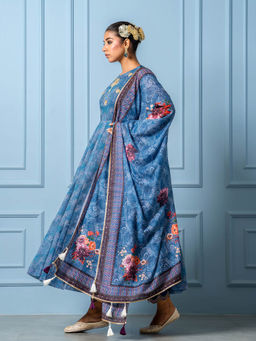 Yuvrani Jaipur - Navy Blue Floral Printed Anarkali Kurta with Pant and Dupatta (Set of 3)