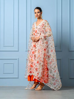 Yuvrani Jaipur - Orange Chanderi Printed Slip Kurta with Palazzo and Dupatta (Set of 4)