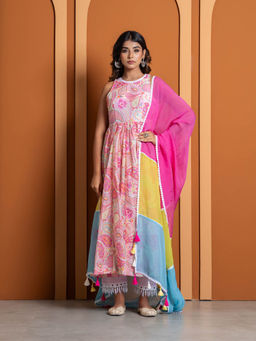 Yuvrani Jaipur - Pink Chanderi Printed Anarkali Kurta with Pant and Dupatta (Set of 3)