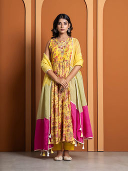 Yuvrani Jaipur - Yellow Chanderi Printed Anarkali Kurta with Pant and Dupatta (Set of 3)