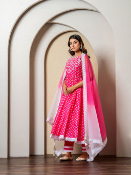 Yuvrani Jaipur - Pink Bandhej Print Anarkali Kurta with Pant and Dupatta (Set of 3)