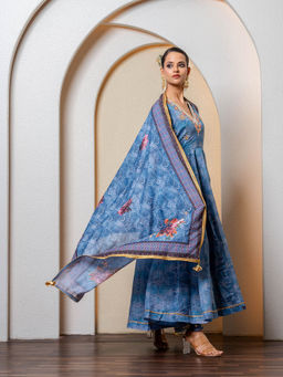 Yuvrani Jaipur - Navy Blue Floral Printed Anarkali Kurta with Pant and Dupatta (Set of 3)