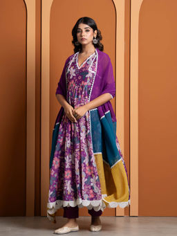 Yuvrani Jaipur - Purple Chanderi Printed Anarkali Kurta with Pant and Dupatta (Set of 3)