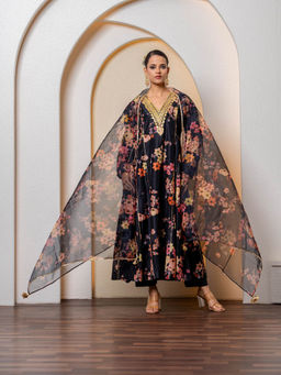 Yuvrani Jaipur - Black Hand Embroidered Anarkali Kurta with Pant and Dupatta (Set of 3)