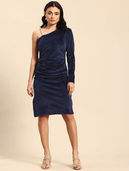 Qurvii - One Shoulder Bodycon Navy Blue Knee Length Dress